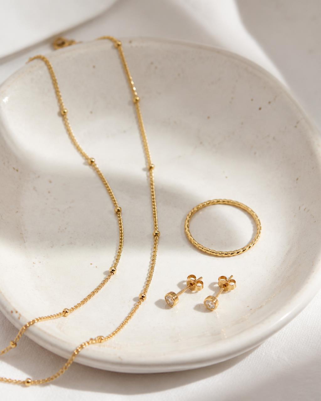Delicate everyday gold chain, ring and studs