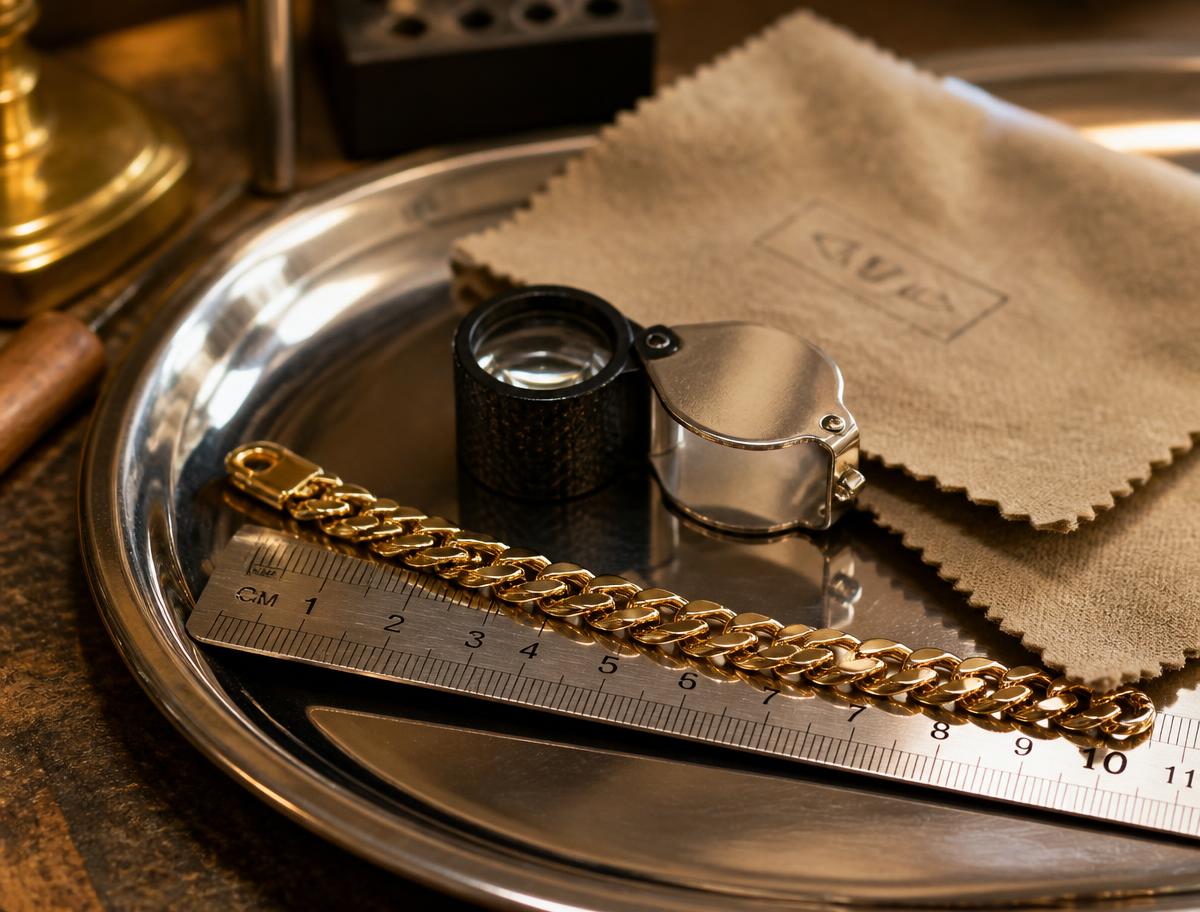 A gold chain being measured on a jeweller's tray with a loupe alongside