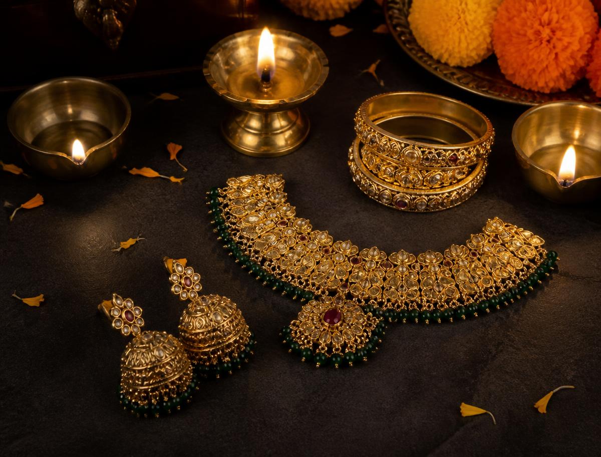 Gold jewellery arranged with brass diya lamps and marigold petals for a festive display