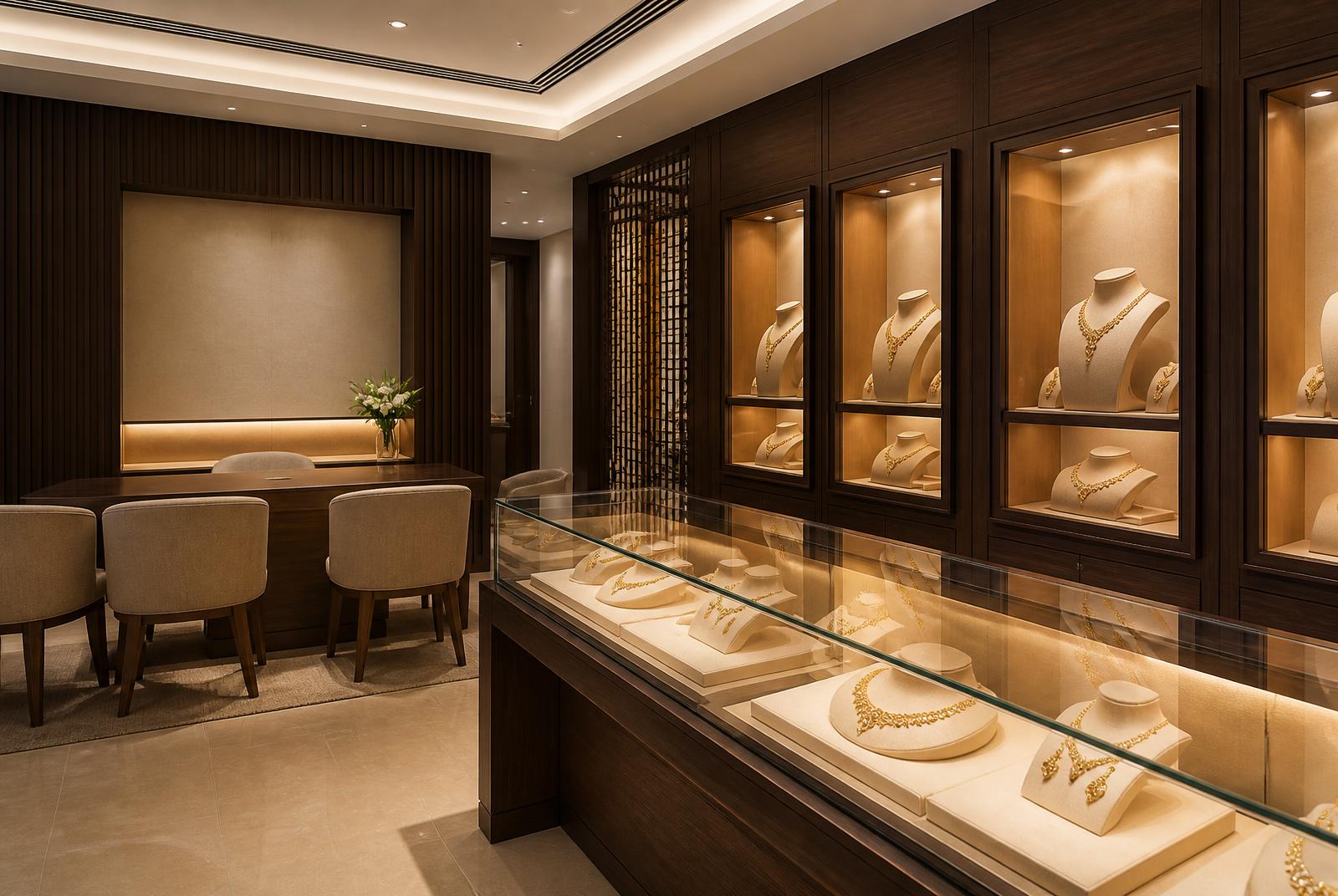 Interior of the Uttam Jewellers showroom with lit display cases and seating at the counter